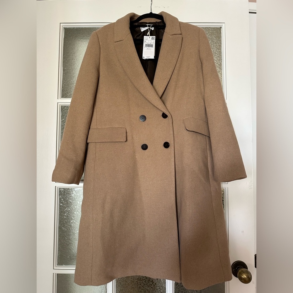 Double breasted camel colored coat from mango, new with tag size XL